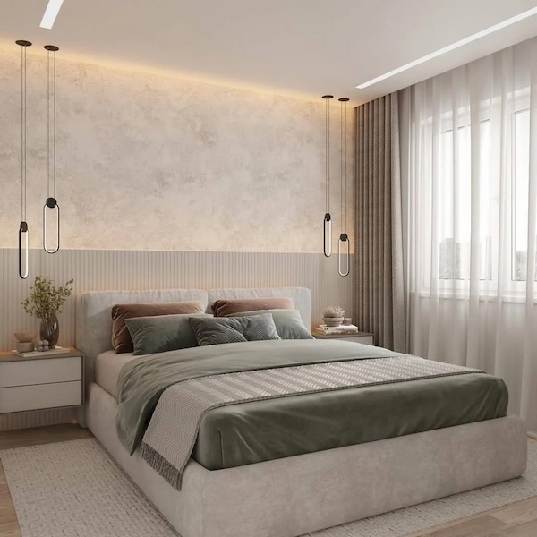 غرفة نوم بديكورات وانوار وإضافات تعطي راحه نفسيه